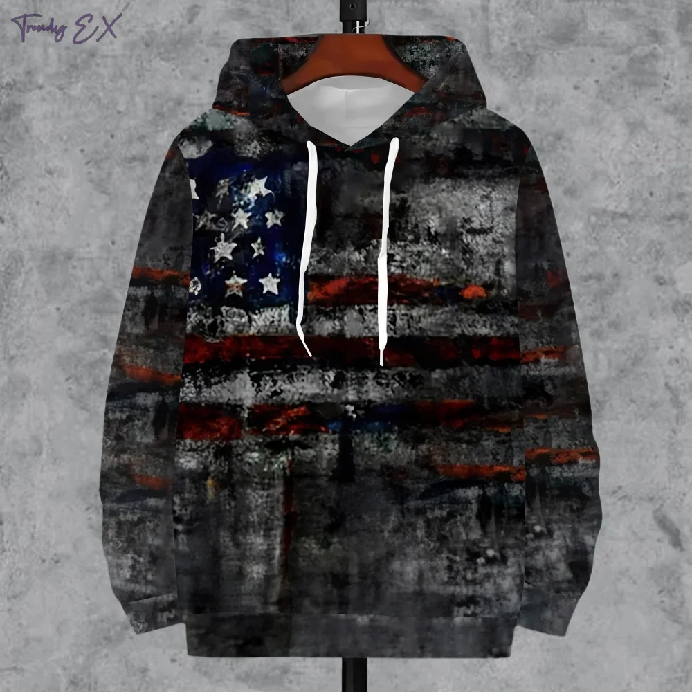 Vintage Flag Print Men's Sweatshirt Casual Streetwear Drawstring Raphic Hoodies Spring Fall Long Sleeve Hooded Man