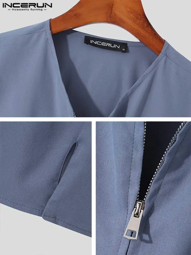 Fashion Casual Style Tops INCERUN New Men's Solid Simple Collarless Blouse Handsome Male Zippered Long-sleeve Shirts S-5XL 2022