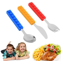 3pcsset creative kids tableware set portable lego bricks stainless steel knife fork spoon travel picnic set