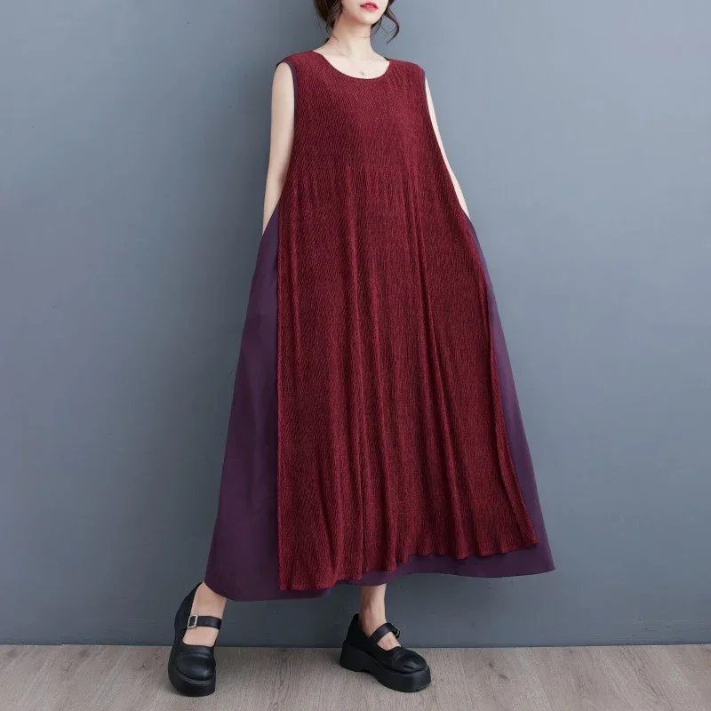 Женское разноцветное свободное платье без рукавов с круглым вырезом модное