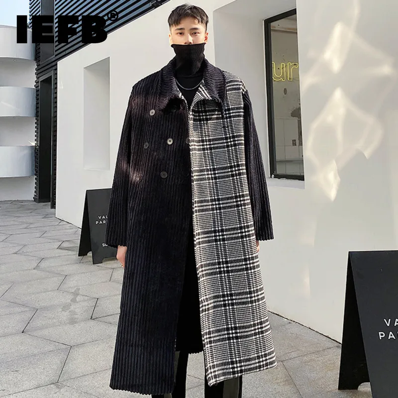 IEFB Color Block Plaid Spliced Corduroy Overcoat Men's New Loose Lapel Thick Trench Coat Autumn Winter Tide Woolen Coat