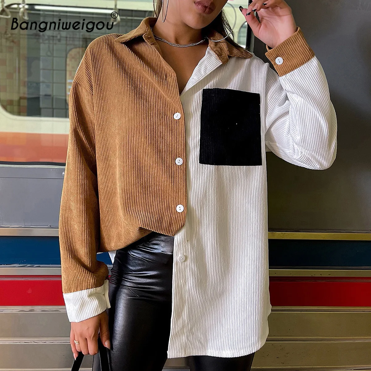 

Bangniweigou Vintage Corduroy Two Tone Long Shirt with Pocket Women Street Casual Single-breasted Long-sleeve Outerwear Y2k 2022