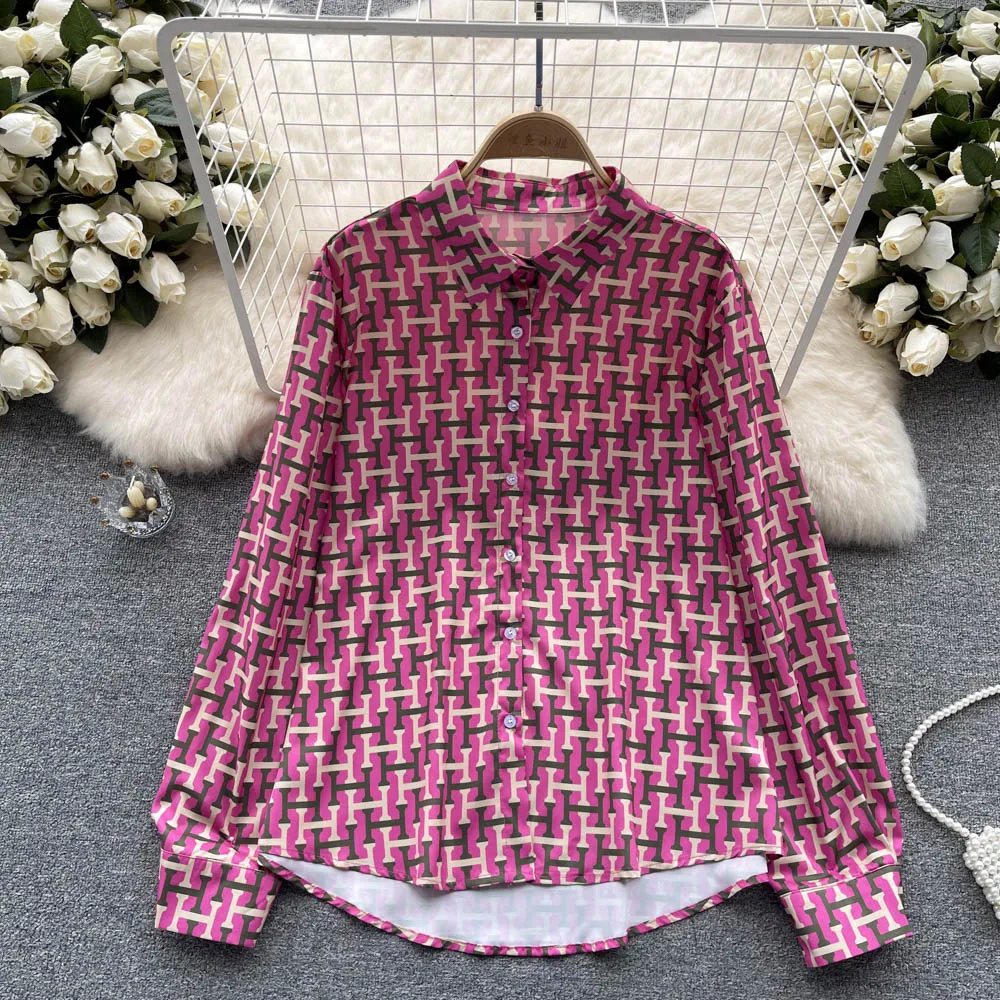 

Spring Plaid Print Korean Version of Loose Skinny Lapel Fashion Chic Niche Shirts