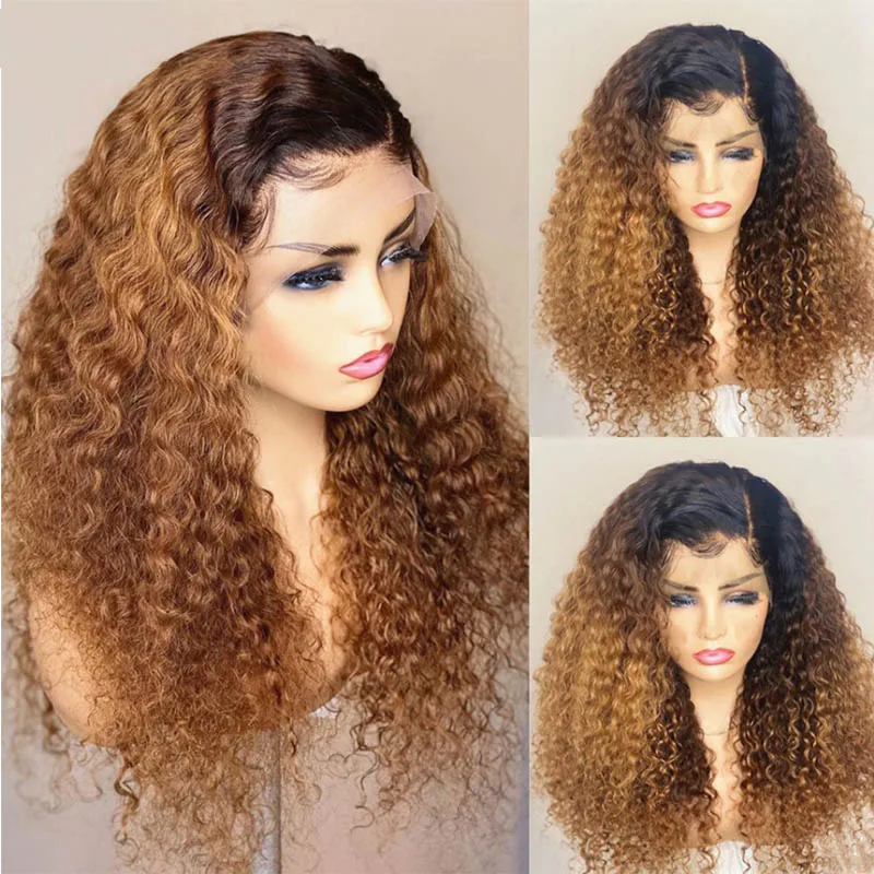 Ombre Blonde Kinky Curly Human Hair Wigs Soft Long Glueless 13x4 Lace Front Wig For Women Pre Plucked With Baby Hair
