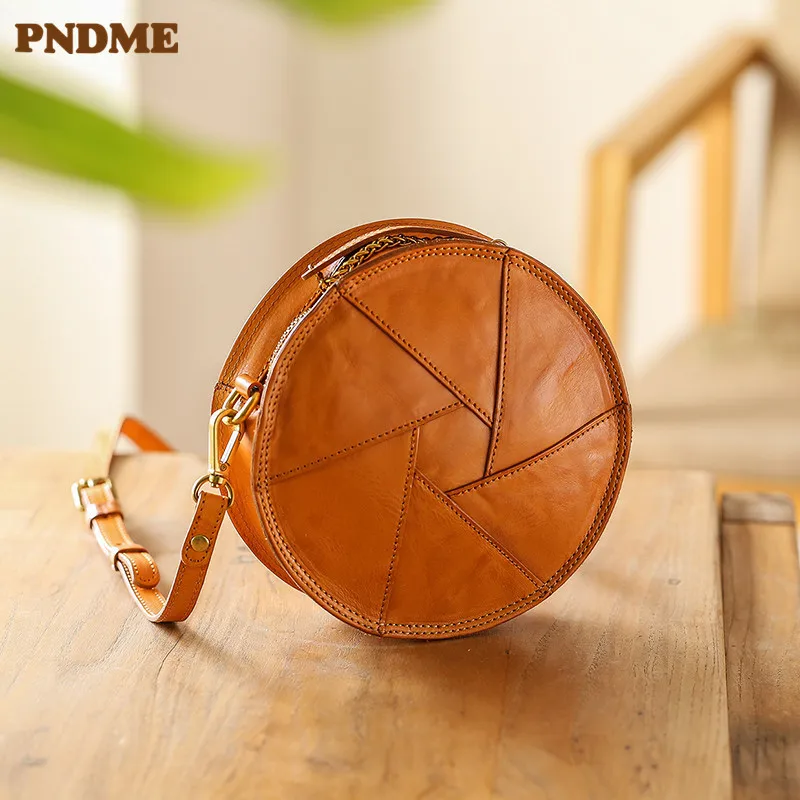 

PNDME designer genuine leather stitching ladies round bag organizer luxury real cowhide women's small shoulder diagonal bag