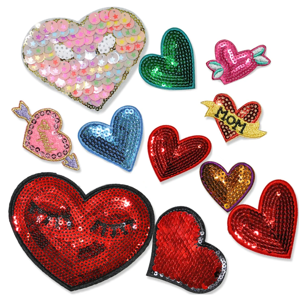

Sequined Love Heart Patches Appliqued DIY Sewing Stickers Garment Jeans Backpack Shoes Decor Iron on Patch