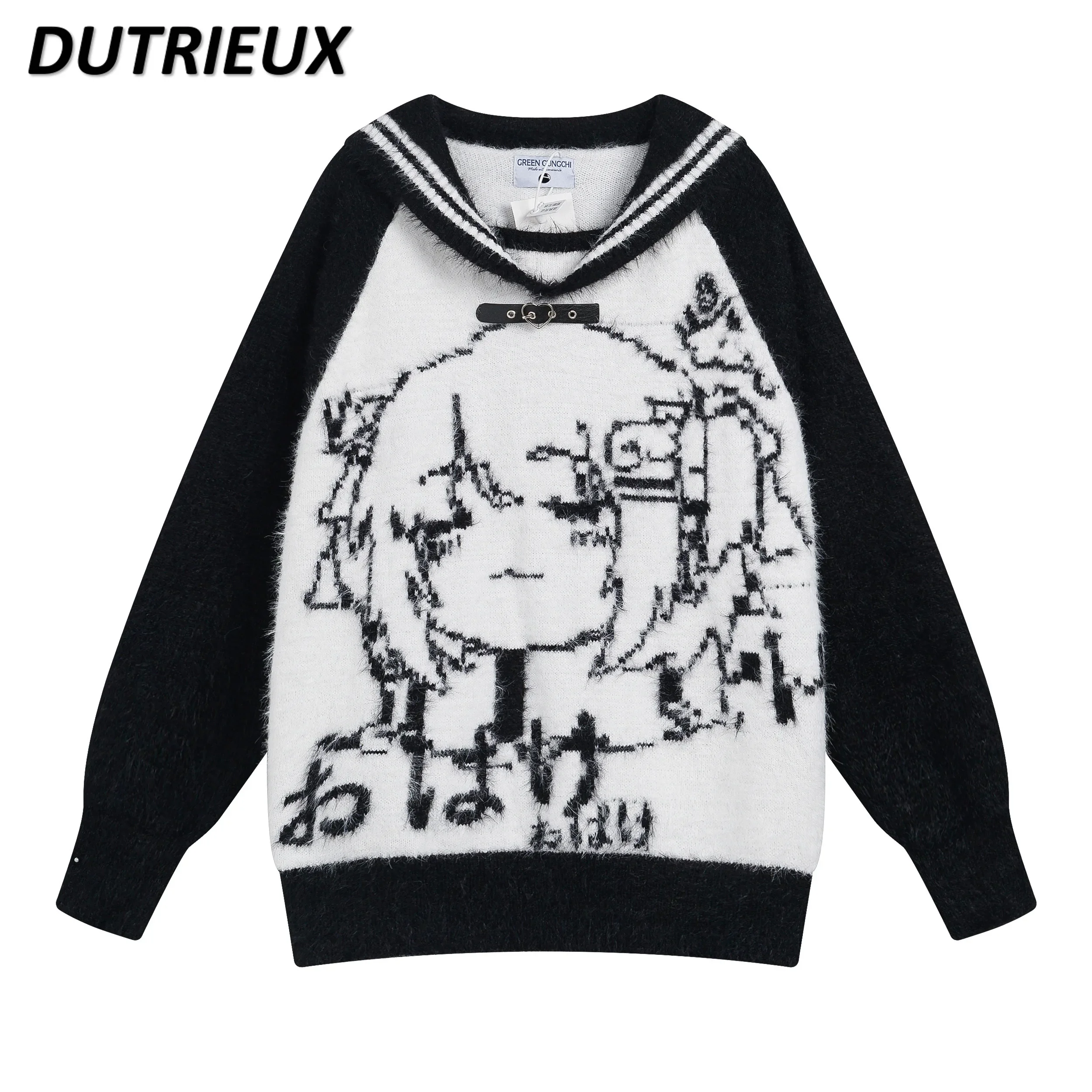 Оригинальный темно-синий милый свитер с воротником для девочек осень-зима мягкий