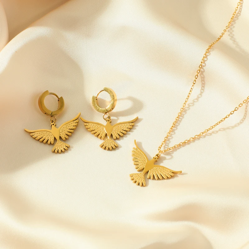 GANEMLY нержавеющая сталь 316L золотого цвета орел Феникс птица ожерелье серьги набор