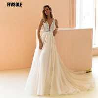 fivsole elegant v neck wedding dress tulle 2022 long a line lace appliques formal occasion vestidos de novia robe de mari%c3%a9e