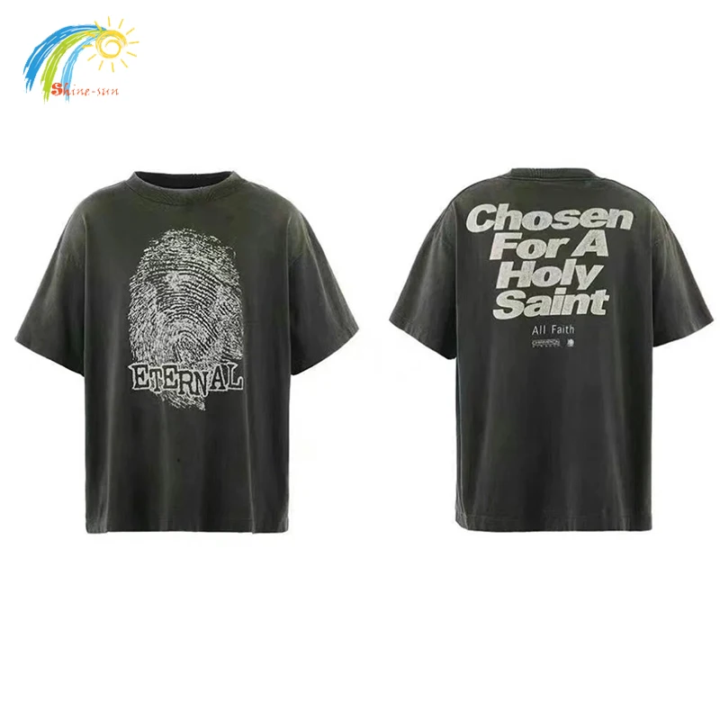 25SS Уличная винтажная стираная черная футболка с принтом отпечатков пальцев для