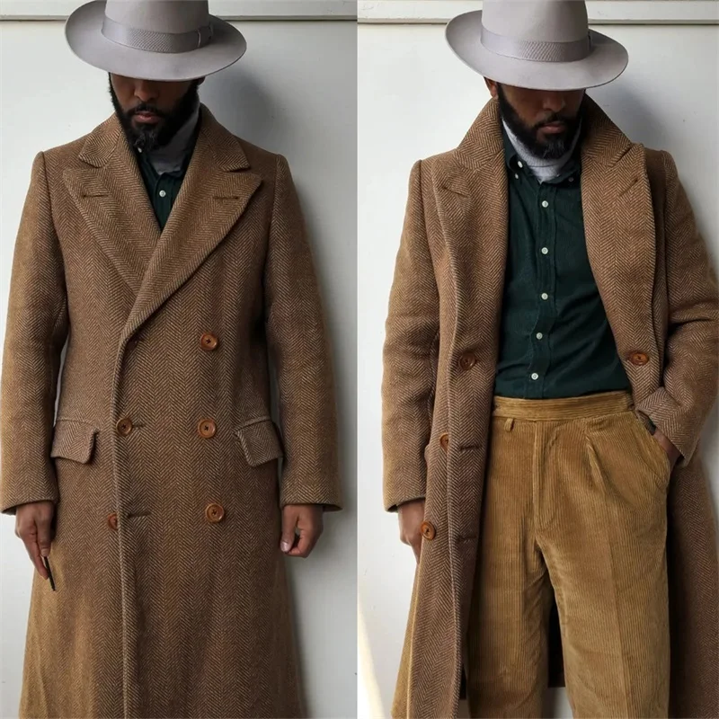 

Thick Wool Herringbone Overcoat Custom Made Brown Kingcoat Jacket Double Breasted Casual Blazer Business Long Coat