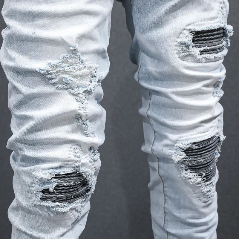 High Street Fashion Men Jeans Retro Light Blue Elastic Stretch Skinny Hole Ripped Jeans Men Patched Designer Hip Hop Brand Pants