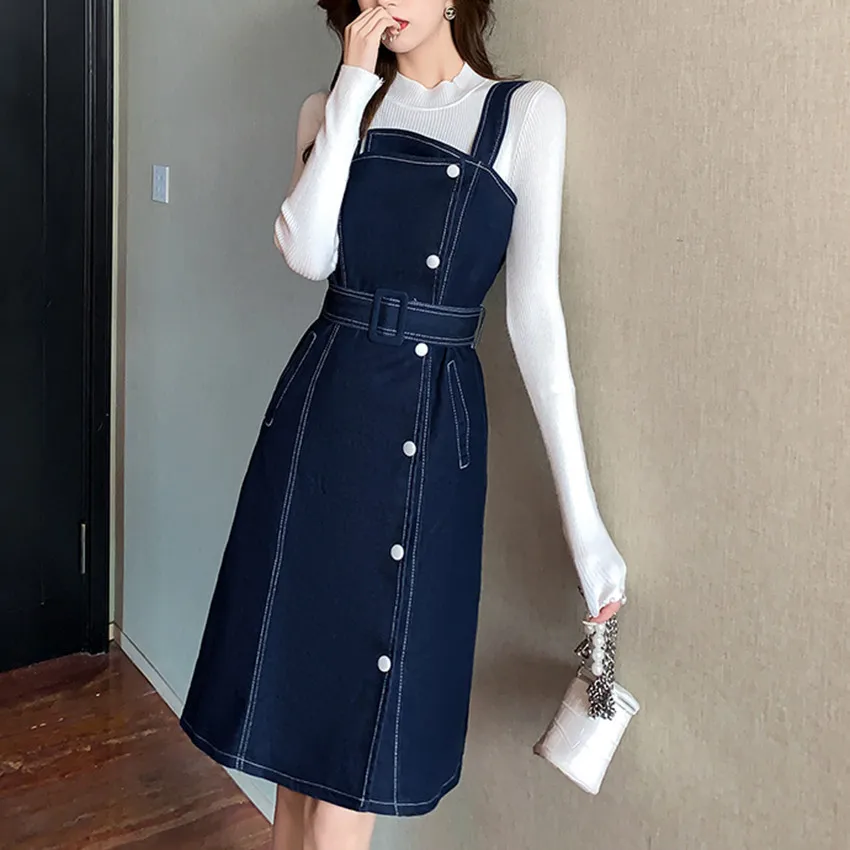 Korean Style Elegant Denim Dresses Women Spaghetti Strap Jeans Dress High Street Fashion Button Sundress Sleeveless Vestidos