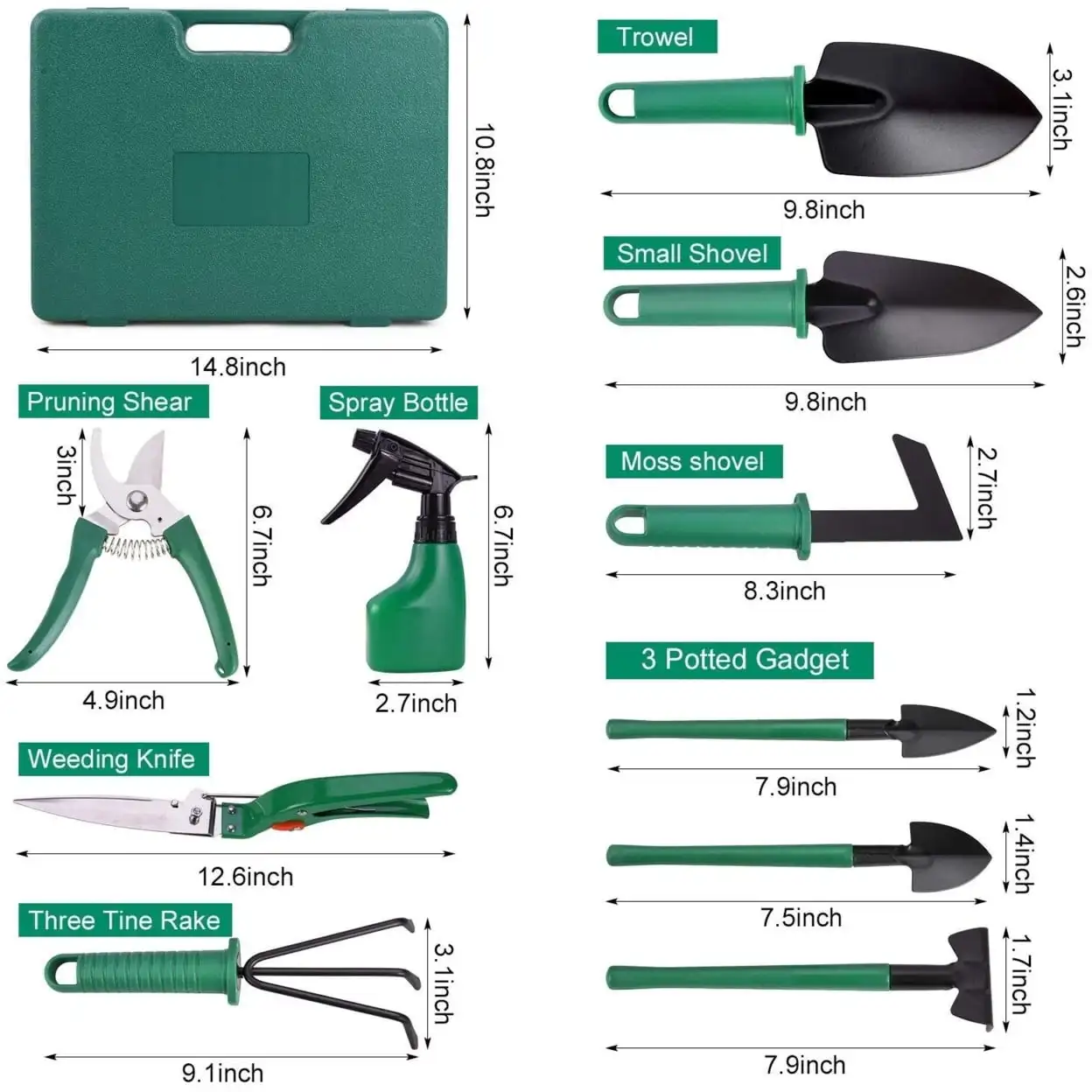 

Set, 10 Pieces Garden Tools Kit, Green