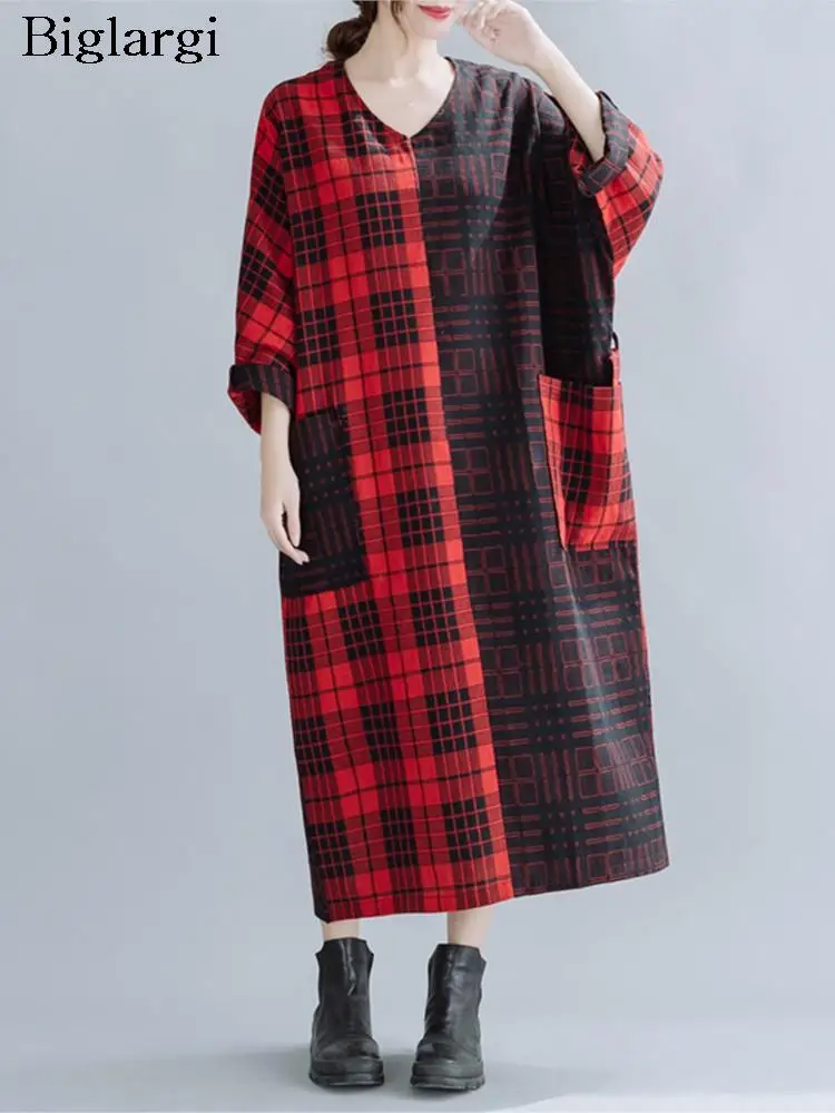 

Oversized Long Dress Women Cotton Linen Plaid Print Loose Long Sleeve Ladies Dresses Fashion Casual Dress Woman 2023