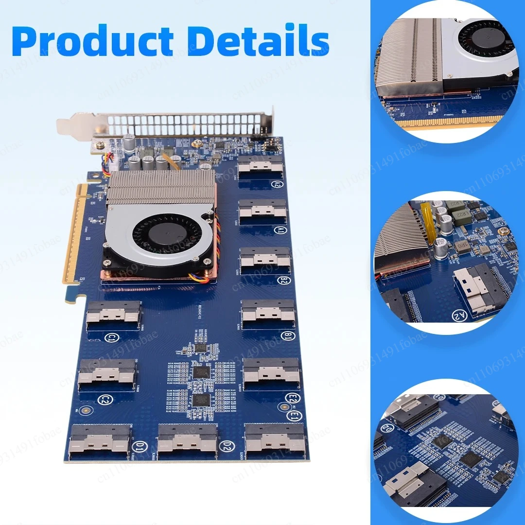 Фото Карта расширения PLX88096: 5 слотов PCIe 4.0 x16 или 10 слотов PCIe 4.0 x8 для подключения жестких дисков U.2 без разборки, с коммутатором SFF8654 №1
