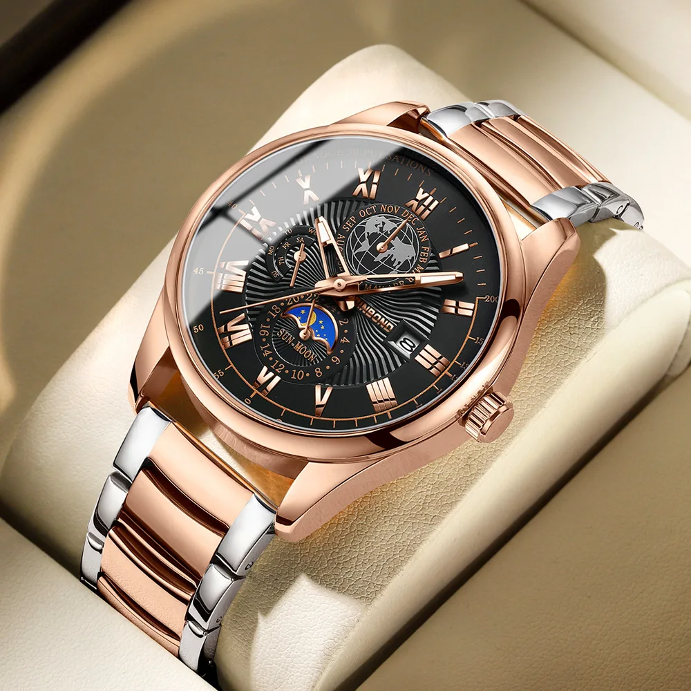 

BINBOND Brand Men 2023 New Quartz Watches Calendar Fashion Wristwatch Business Waterproof Luminous Moon Phase Clock Dropshipping