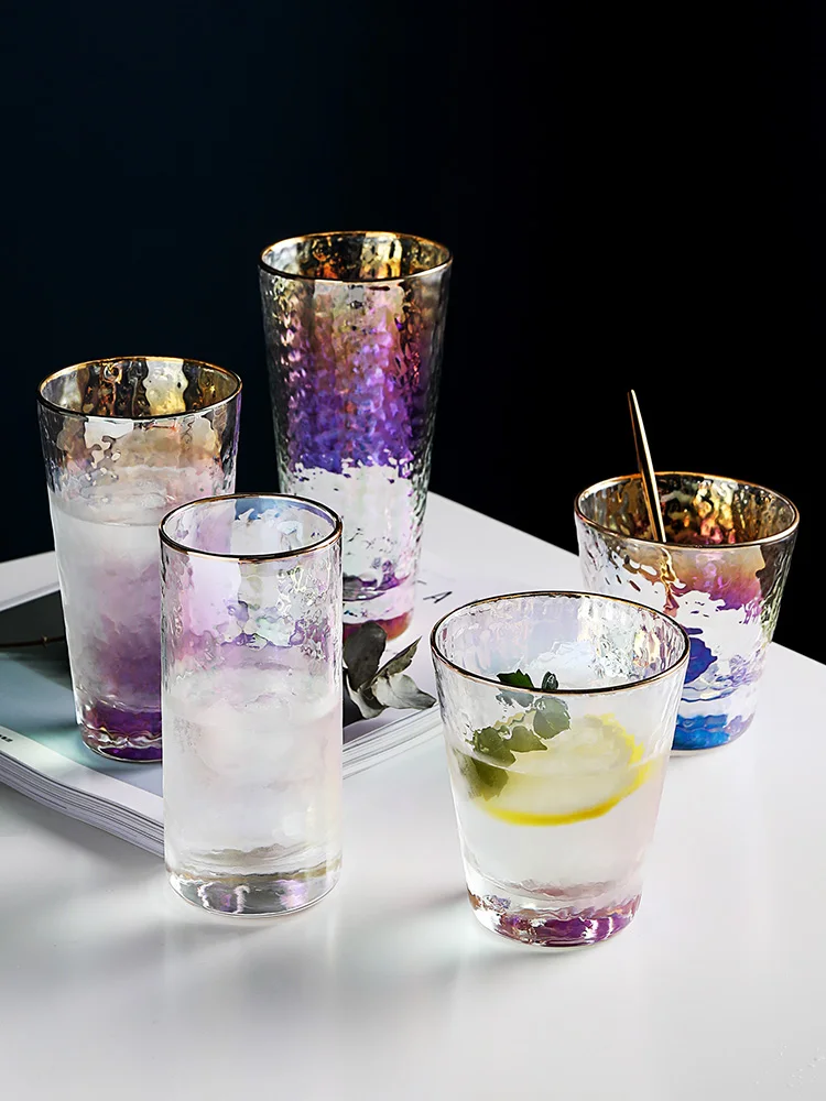 

Glass Creative Personality Golden Trim Hammered Pattern Cup Household Tea Cup Water Cup Drink Cup Juice Cup Set