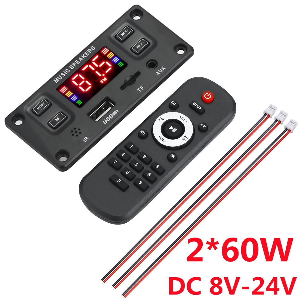 

8V-24V Bluetooth 5.0 Power Amplifier 60W With Call Recording Lossless Car MP3 Decoding Board TF USB FM LINE IN For Music Speaker