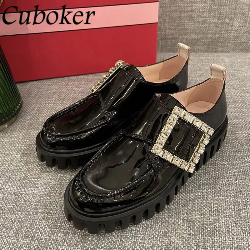 

Crystal Buckle Loafers Patent Leather Platform Shoes For Women Round Toe Black White Shoes Spring 2022 Designer Shoes Femininas