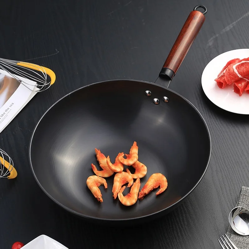 

Fine Iron Frying pan Uncoated Non-stick Wok Pan Kitchen Cookware With Beech Anti-scald Handle For Induction Cooker Gas Stove