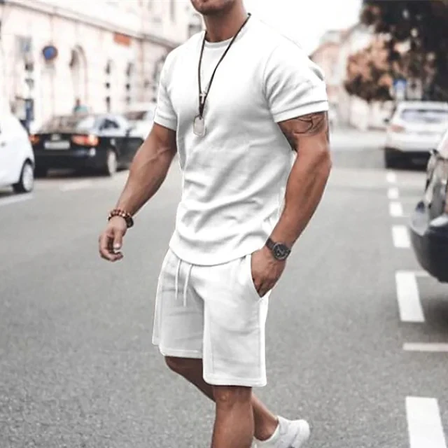 Men Clothing T-shirt Suits Shorts and T Shirt Set Solid Colored Crew Neck Drawstring 2 Piece Apparel Designer Sportswear Classic