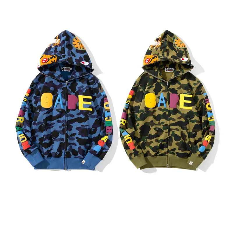 

Камуфляжная Толстовка BAPE с капюшоном для мужчин и женщин, уличная одежда с изображением акулы, тигра, Модный свитшот на молнии, Повседневный...