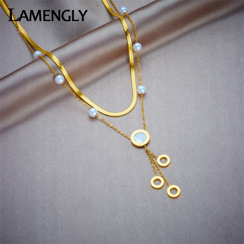 

LAMENGLY 316L Stainless Steel Roman Numerals Circle Pearls Pendant Necklace For Women Fashion 2in1 Chain Neck Jewelry Gift