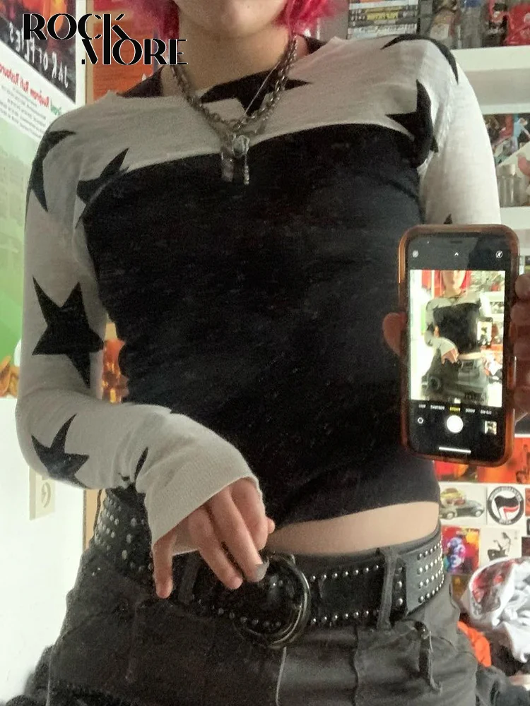 

Rockmore Star Print Super Crop Tops y2k Vintage Long Sleeve Smock Tee Autumn 2000s Aesthetic T-Shirt Korean Grunge Fairycore