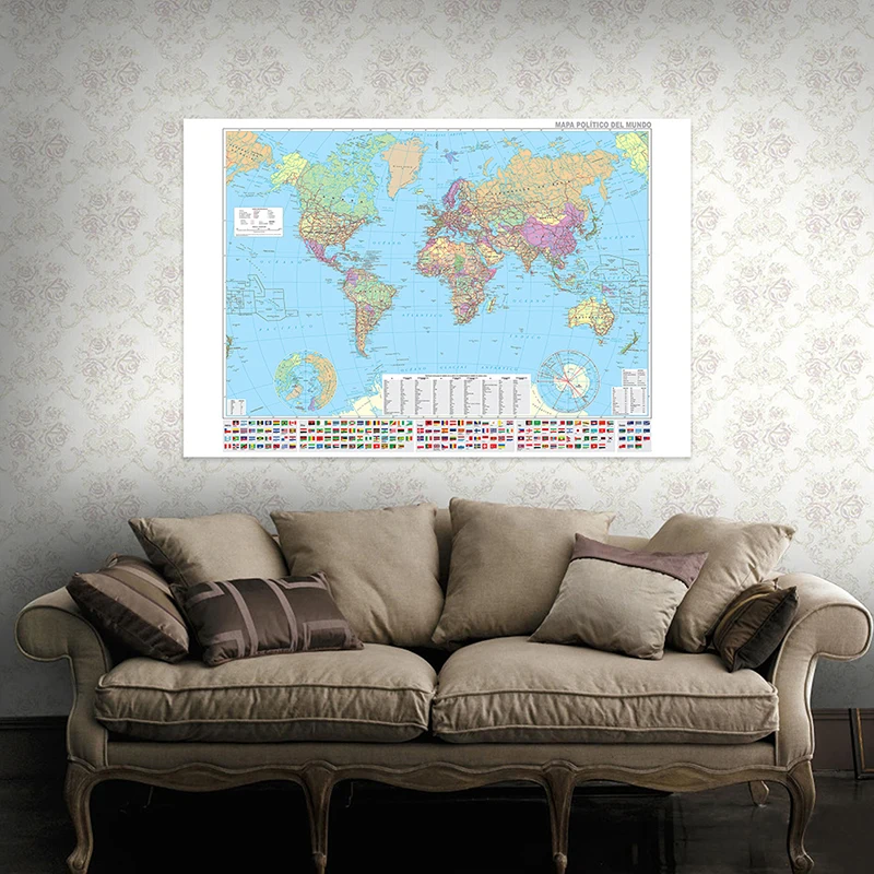 

Non-woven Fabric Spray Room Home Decor School Travel Supplies 120x80cm The Political World Map with City In Spanish