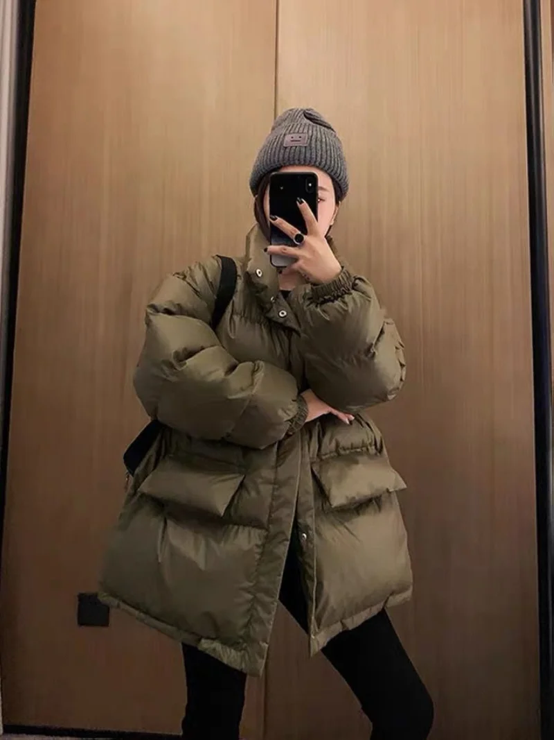 Female Thick Winter Puffer Coat Warm Parka Coat Collar Collar Bubble Coat Korean Cotton Button Down Jacket with Belt Coat Green