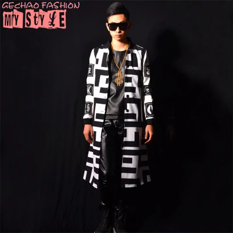 Nightclub mens long coats male singer black and white super long baseball uniform bar costume accessories stage