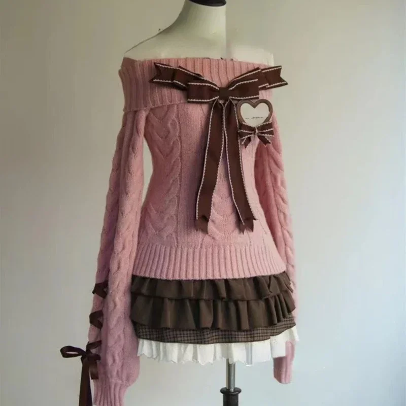 Осень-зима сладкий сексуальный вязаный свитер с открытыми плечами Y2k облегающие