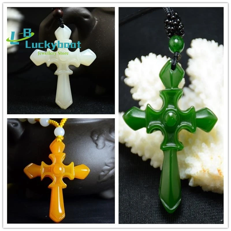 

Chinese Green Jade Cross Pendant Necklace Jewellery Fashion Hand-Carved Relax Healing Man Women Luck Gifts Amulet Free Rope