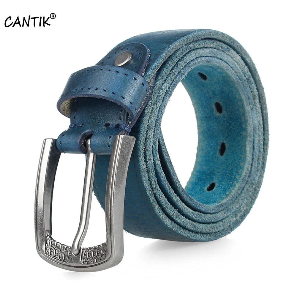 CANTIK Retro Style Pin Buckle Male Men's Top Quality Solid Cow Genuine Leather Blue Belts Jeans Accessories Men 3.8cm Width 533
