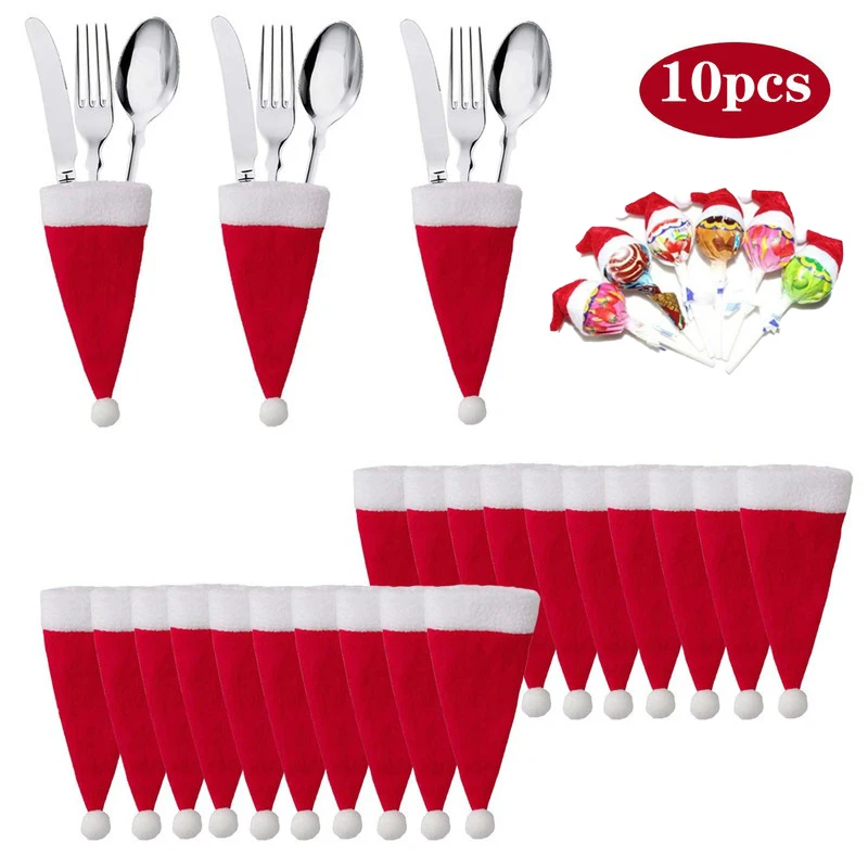 

10pcs Christmas Fork Knife Cutlery Holder Bag Pocket/Mini Lollipop Santa Claus Hats Lollypop Cap Christmas Table Decor New Year
