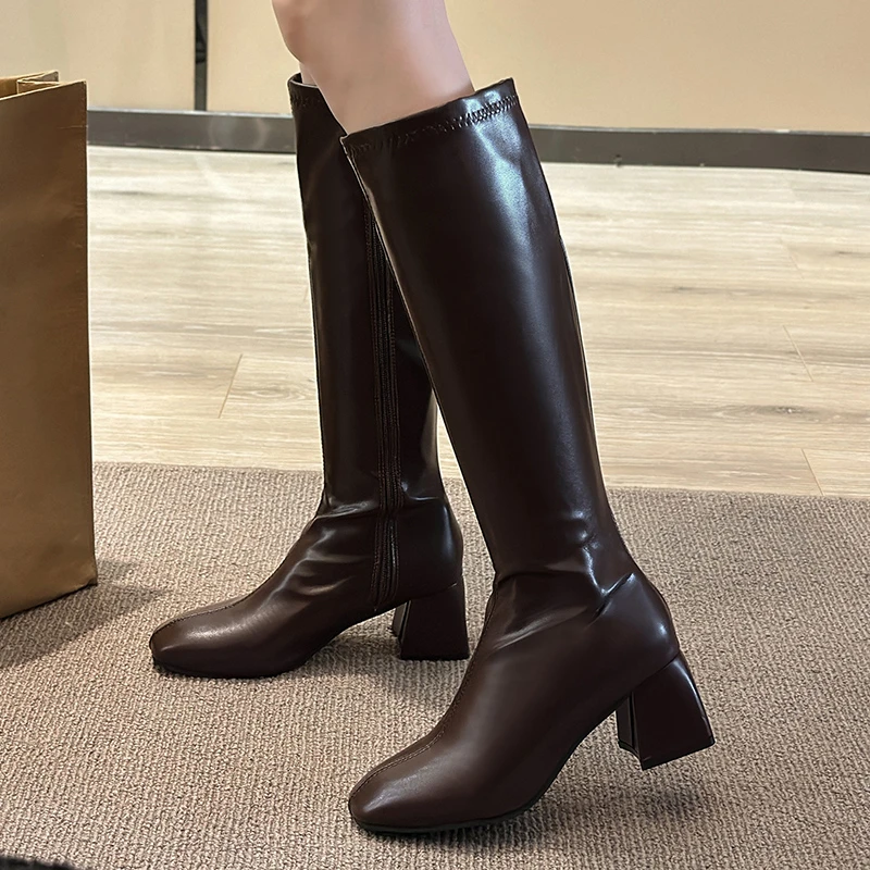 

Winter New Fashion Women's Knee High Boots Leather Sewing High Heels Round Toe Tall Rider Boots Simple Solid Color Ladies Shoes