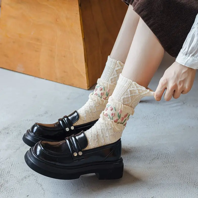 Women Socks New Korean Style Flower Casual Cotton Sock Girls Frilly Ruffle Cute Sweet Breathable Kawaii Crew Socks