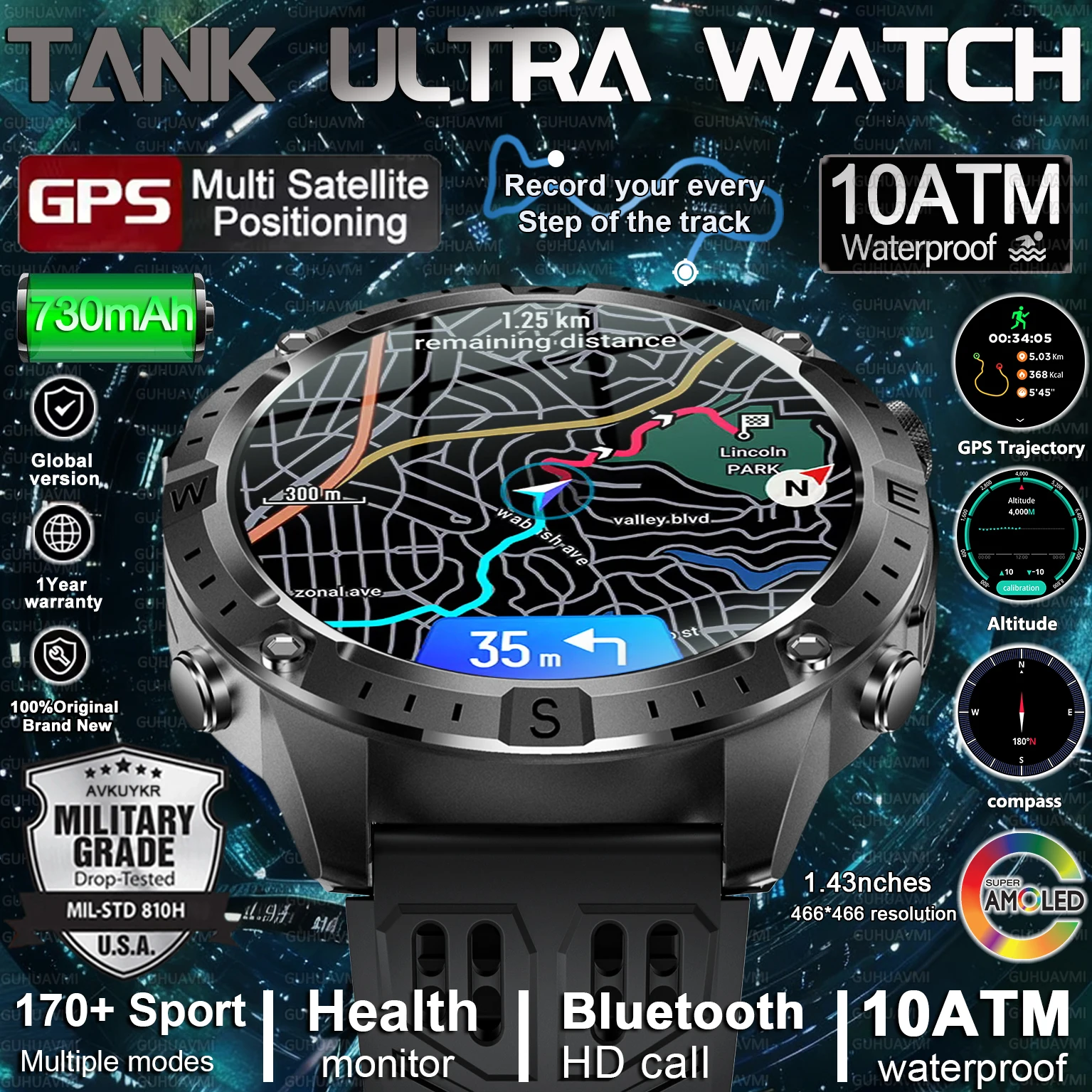 Фото Новые смарт-часы 2026 года армейского класса с GPS, офлайн-картами, водонепроницаемостью 10ATM, спортивным компасом, измерением пульса, HD-экраном и Bluetooth-звонками №1