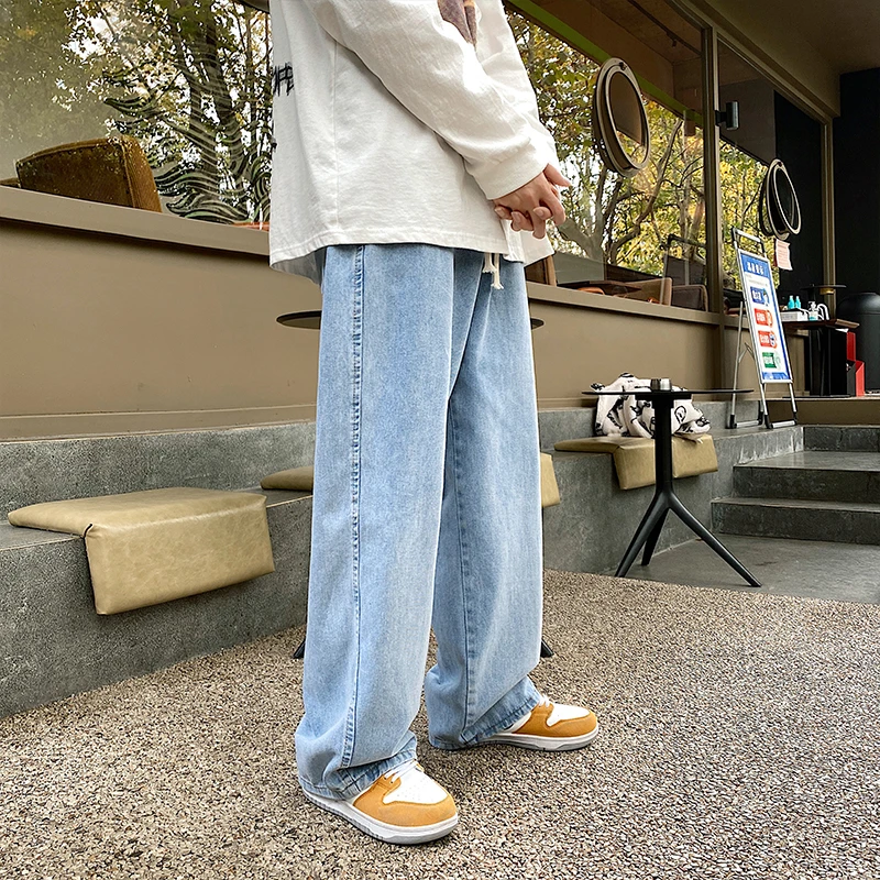 Blue Black Jeans Men Fashion Drawstring Vintage Jeans Men Streetwear Hip-hop Loose Straight Denim Pants Mens Trousers S-5XL