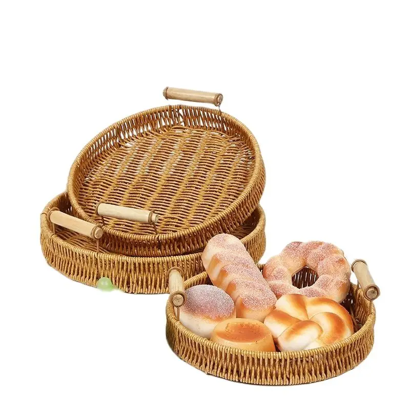

CAMIGEL Woven Basket Tray Hand Woven Bread Basket, Living Room Storage Basket, Rattan Woven Basket with Handle