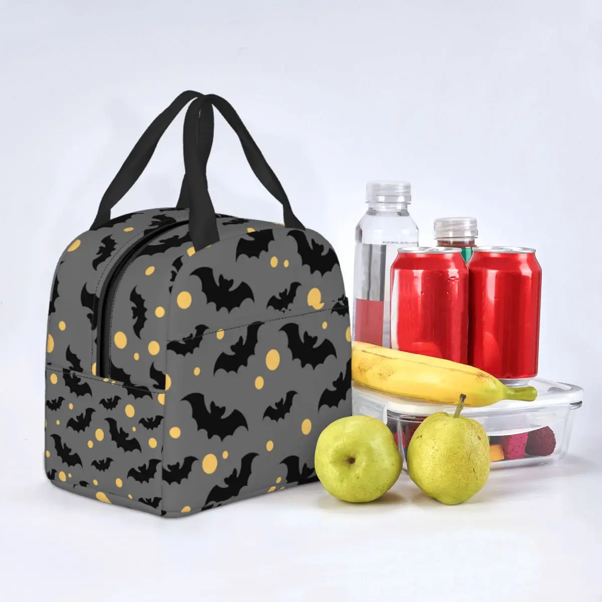 Lunch Bags for Women Kids Black Bats Yellow Moons Thermal Cooler Portable School Canvas Tote Handbags