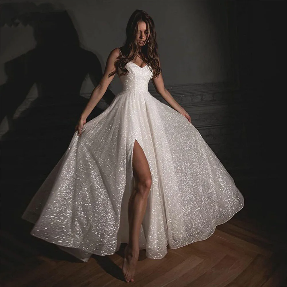 

Glitter Tulle Side Split Wedding Dresses 2022 Sexy Spaghetti Straps V-Neck For Women Bride Gowns Sexy vestidos de novia