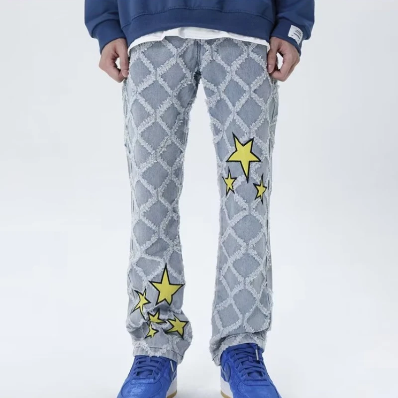 Джинсы мужские уличная мода тонкие весенне-осенние в клетку со звездами
