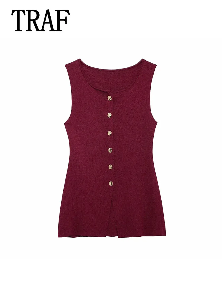 TRAF женский однобортный свитер топы новый летний элегантный жилет однотонный