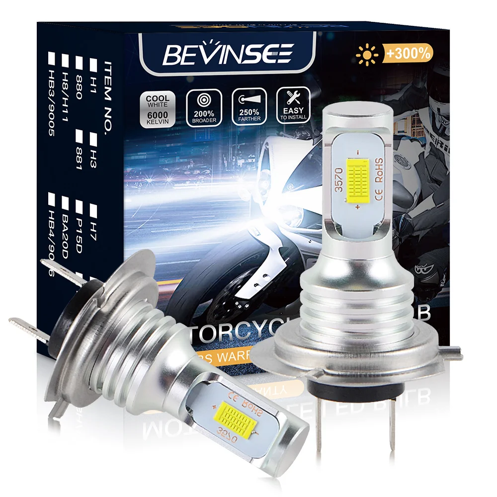 

Bevinsee H7 LED Motorcycle Headlight Bulbs Mini Size 12V 1500LM Fan-less Plug And Play H7 LED Moto Headlamp 6000K White Light