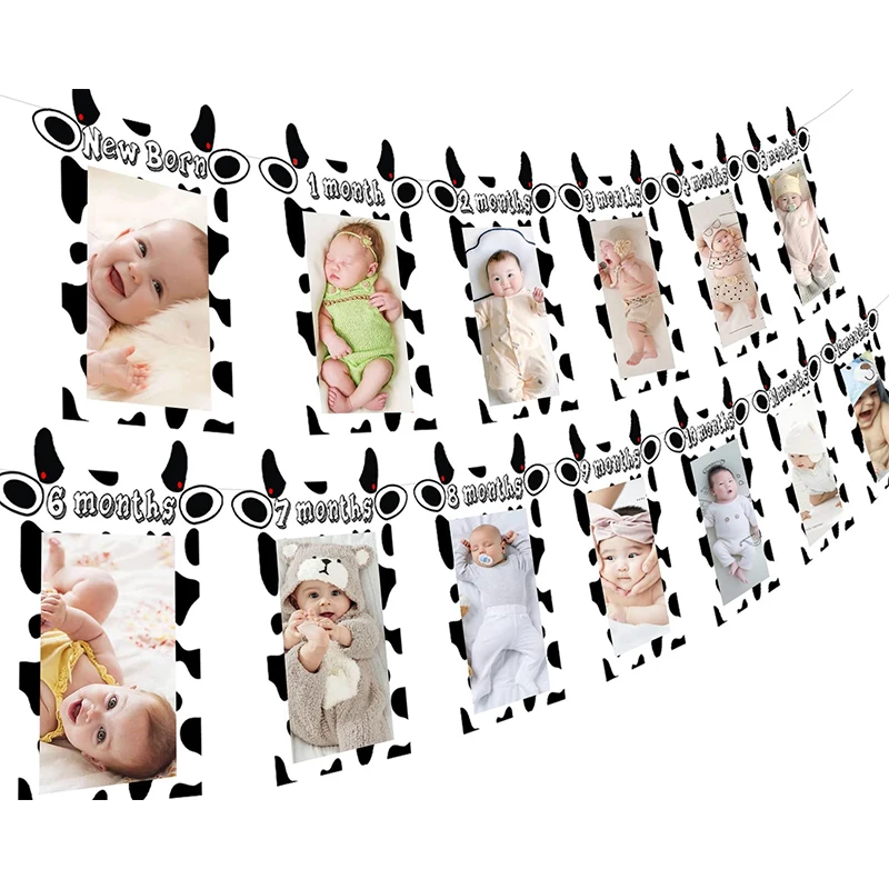

Cow 12 Month Photo Banner 1st Birthday Baby Banner for Newborn To 12 Months Cow Print Farm Barnyard Birthday Party Decorations