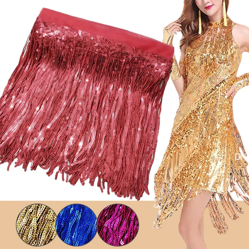 

10 Yards 20cm Colorful Sequins Tassel Lace Fabric Fringe Trim Ribbon DIY Latin Stage Dance Performance Dresses Decor Accessories