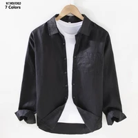 high quality 100 linen men shirt spring autumn vintage solid color casual long sleeve shirts homme blouse fashion clothing tops