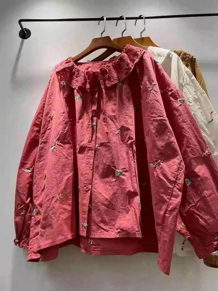 Одежда Mori kei японский бренд кружевной воротник вышивка рубашки и блузки с длинным